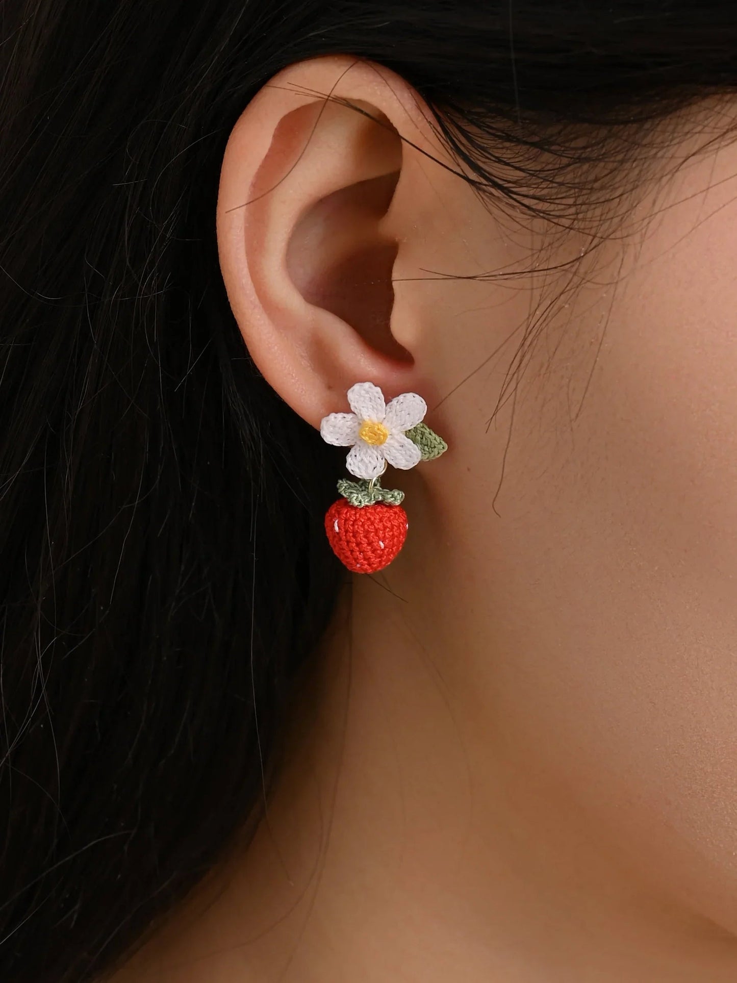 Sweet Strawberry Bloom Micro Crochet Earrings