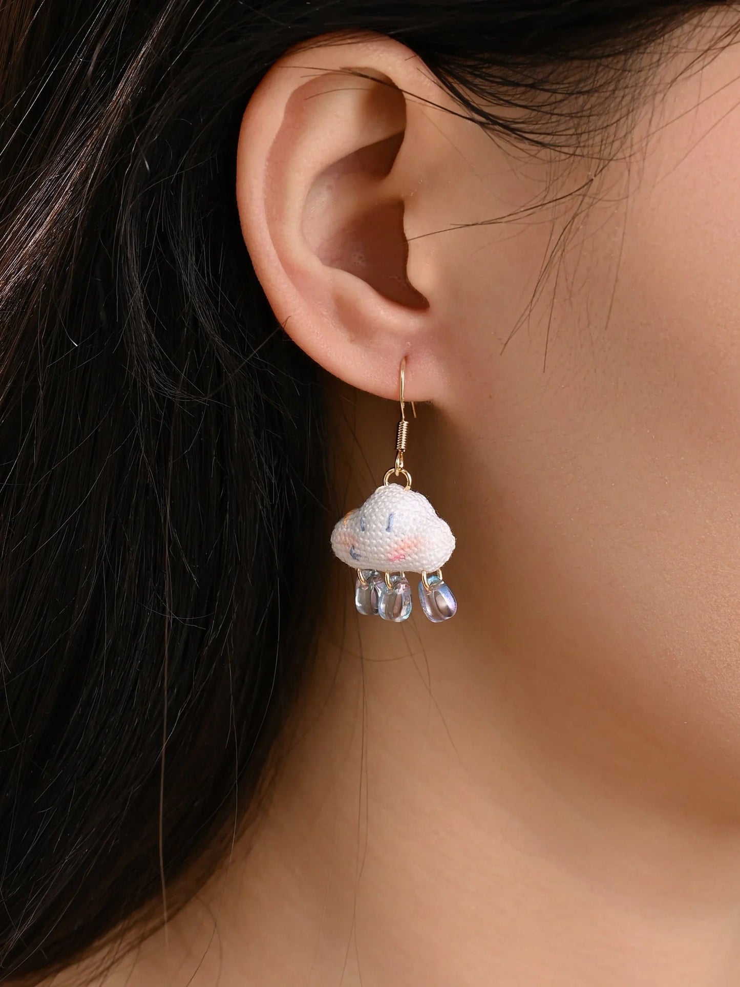 Dreamy Smiling Cloud Micro Crochet Earrings — Whimsical Handmade Dangle Drops