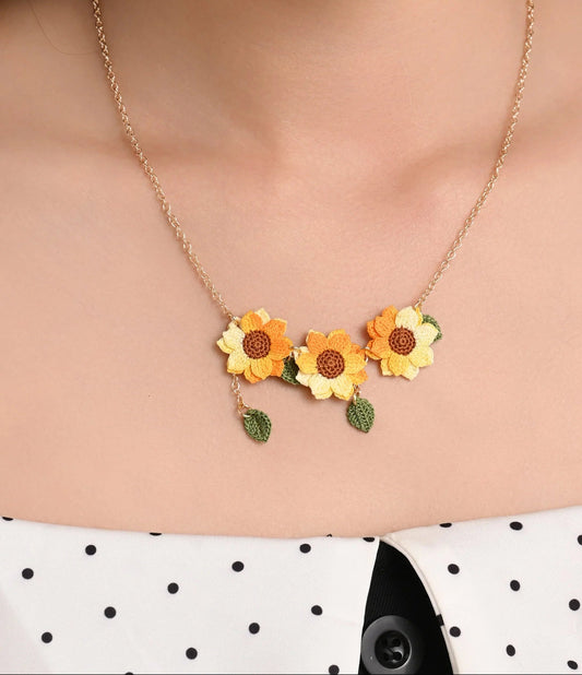 Triple Sunflower Micro Crochet Necklace β Handmade Blooming Statement Piece
