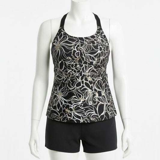 Ladies Incontinence Tankini with Shorts Black Floral