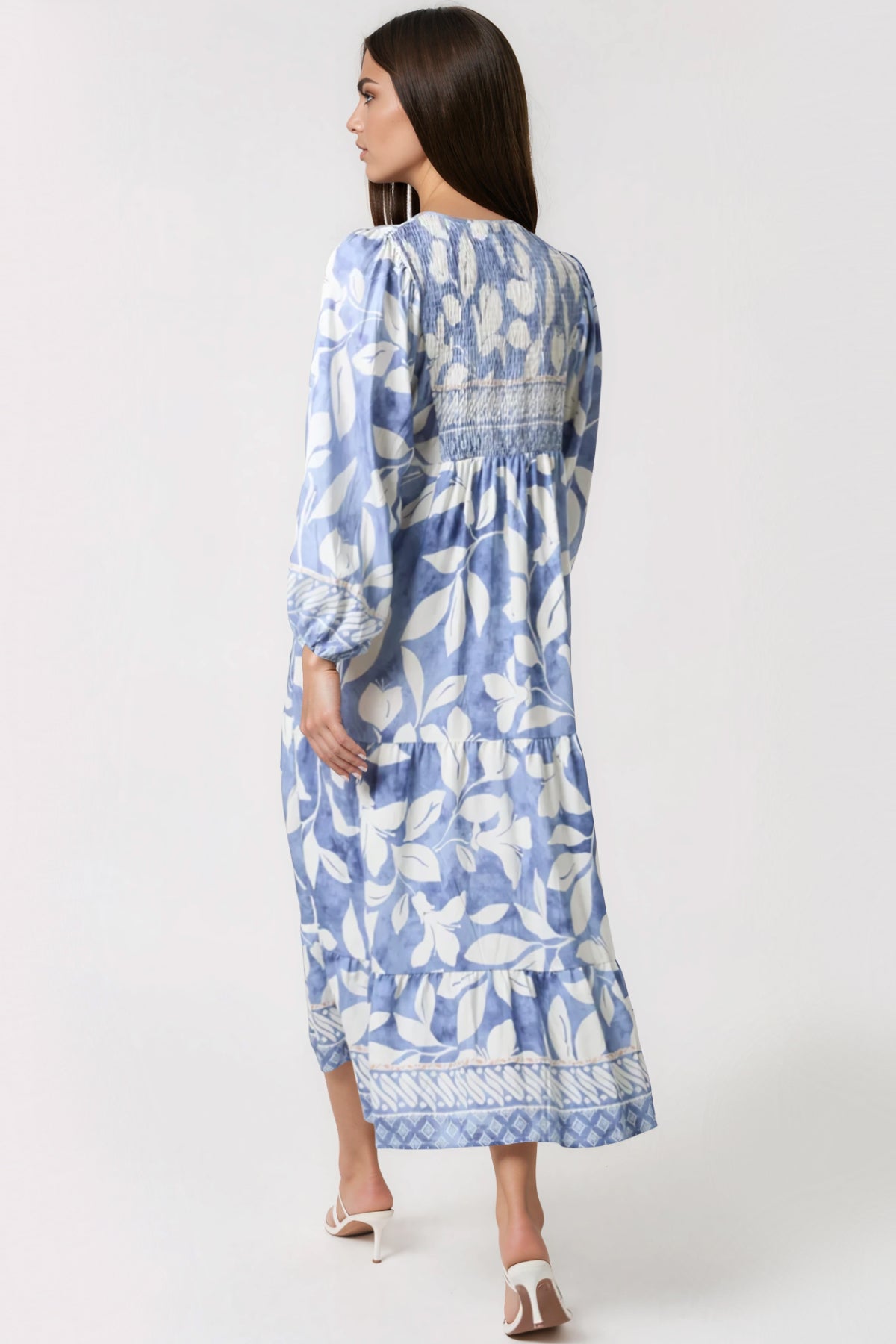 Blue Leaf Print Long Sleeve Maxi Dress