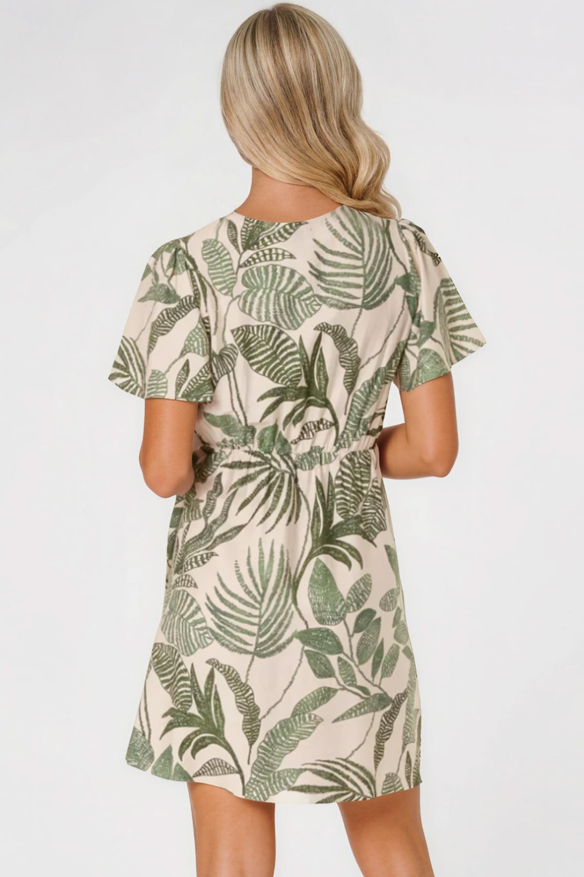 Green Leaf Print Wrap Front Mini Dress