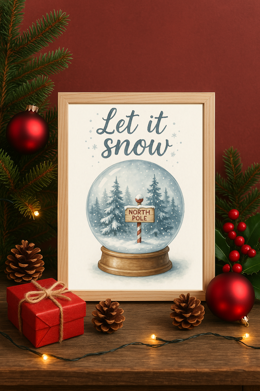 Let It Snow Wall Art – Snow Globe with North Pole Winter Scene Print