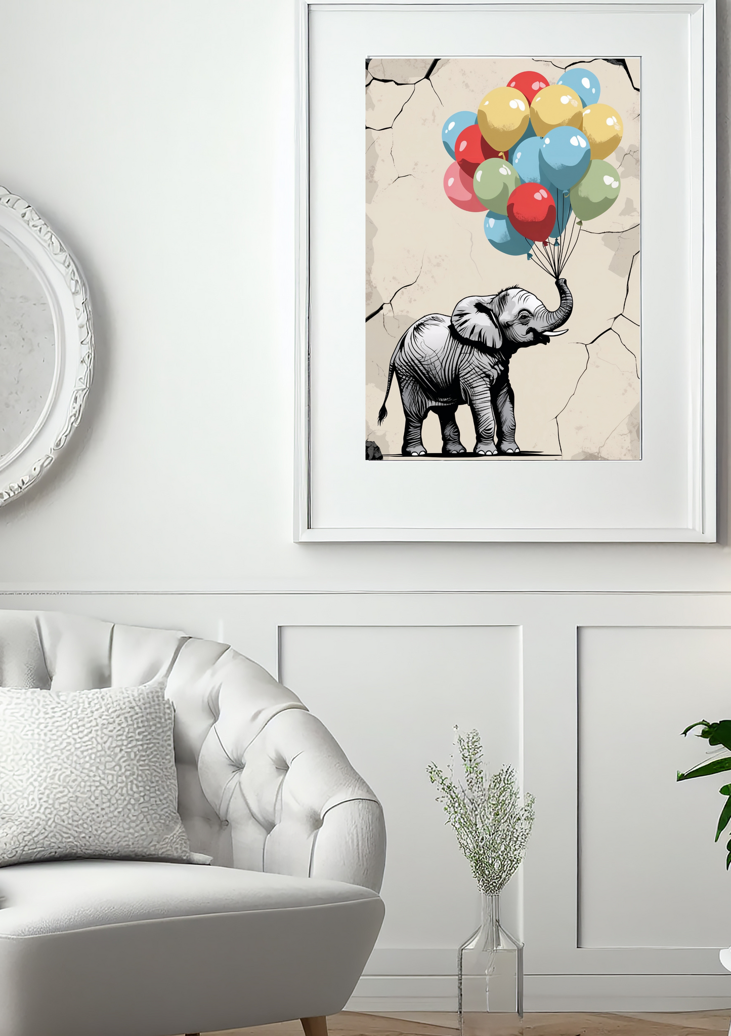 Up & Away – Elephant with Balloons Wall Art Print