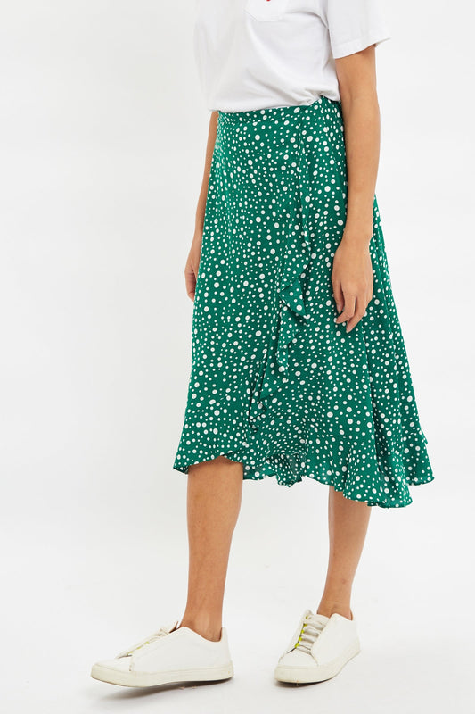 Louche Mara Spot It Print Ruffle Hem Wrap Midi Skirt Green