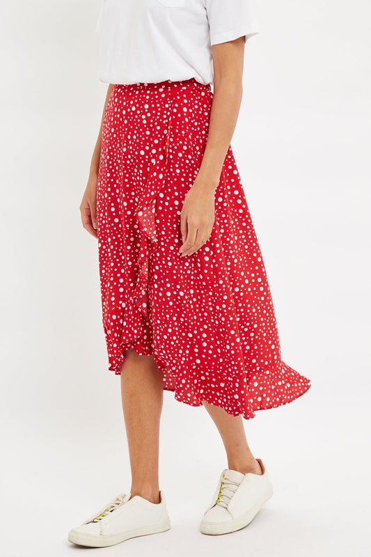 Louche Mara Spot It Print Ruffle Hem Wrap Midi Skirt Red
