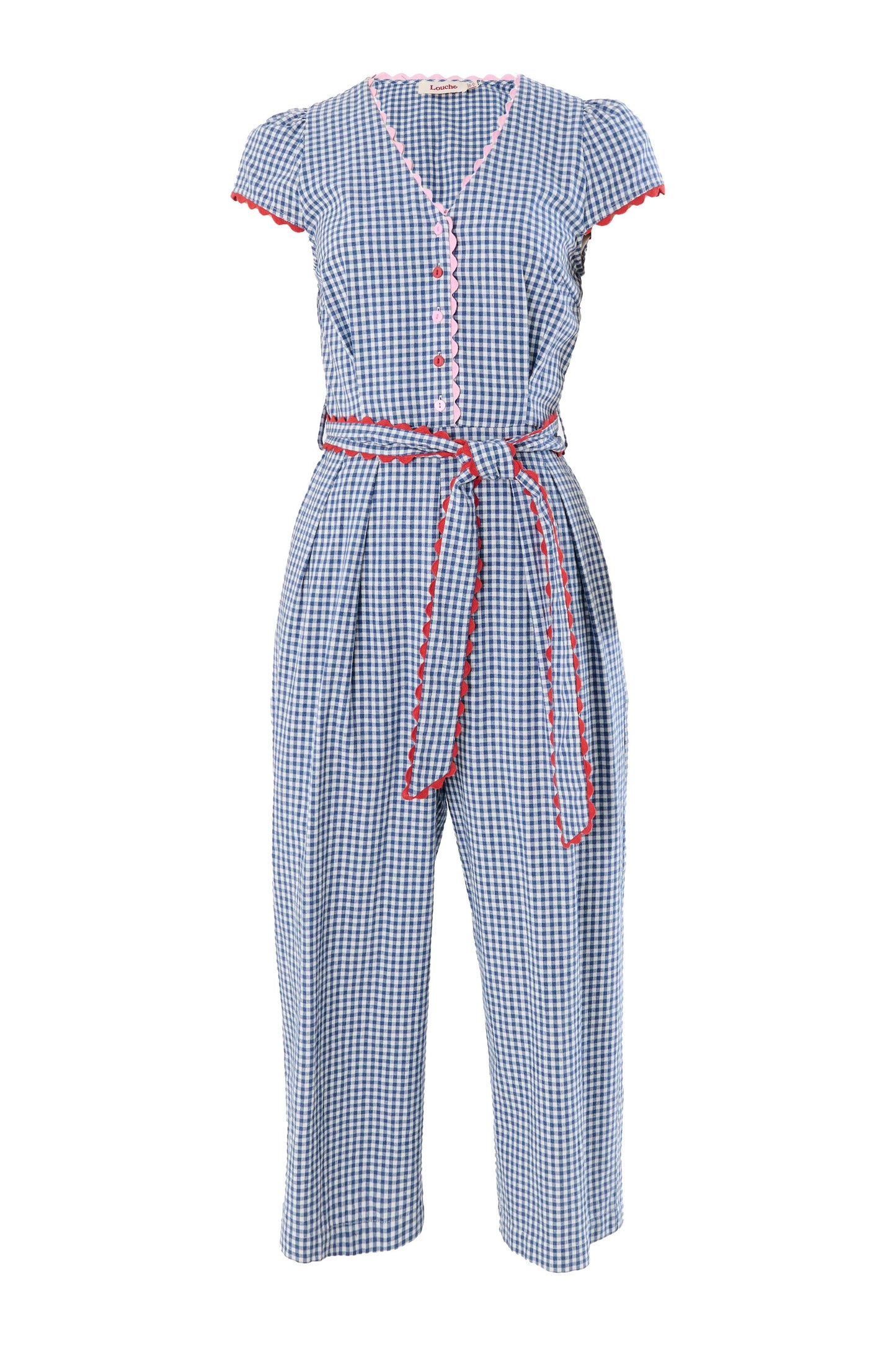 Marleen Gingham Ric Rac Trim Cropped Jumpsuit - Blue