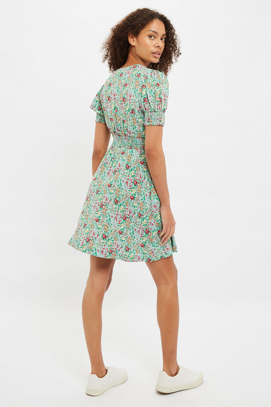 Louche Merle Flower Show Print V Neck Short Sleeve Tea Dress Green