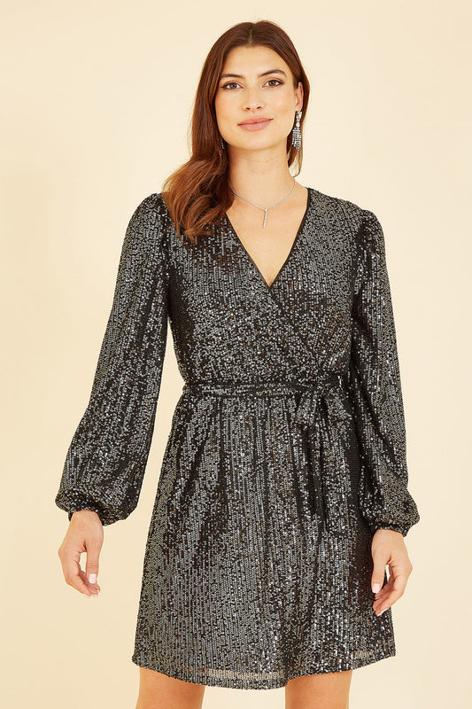 Mela Black Sequin Belted Wrap Long Sleeve Dress