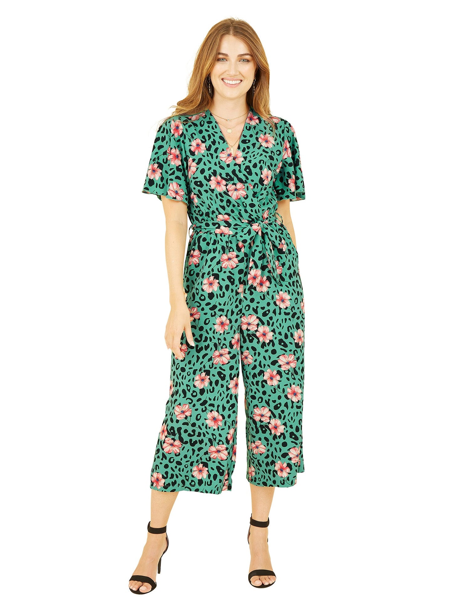 Mela Green Animal Print Jumpsuit With Angel Sleeves