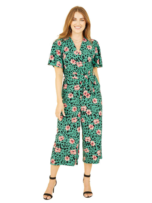 Mela Green Animal Print Jumpsuit With Angel Sleeves