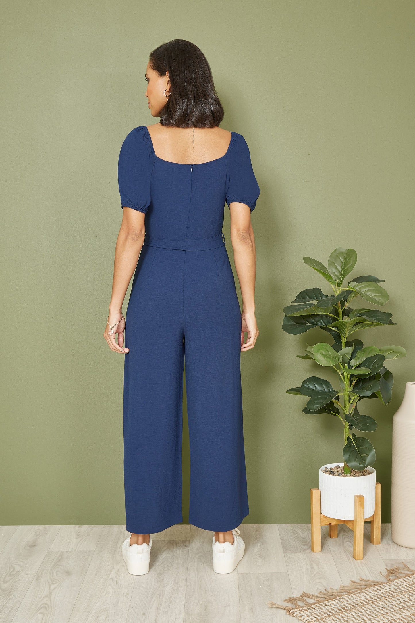 Yumi Navy Square Neck Puff Sleeve Culotte Jumpsuit