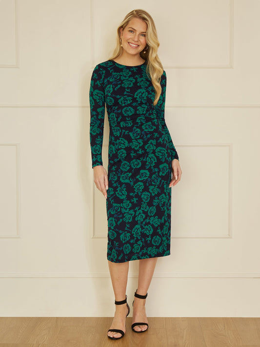 Yumi Green Floral Fitted Mesh Midi Dress With Long Sleeves