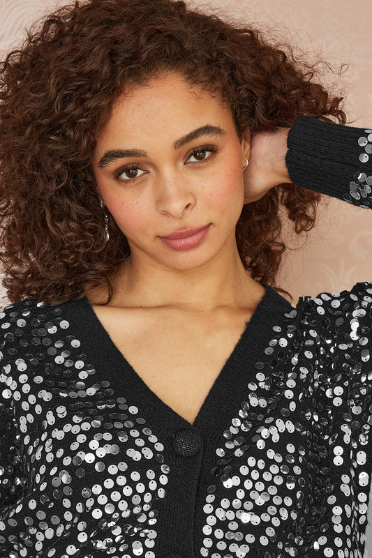 Mela Black Sequin Knitted Cardigan