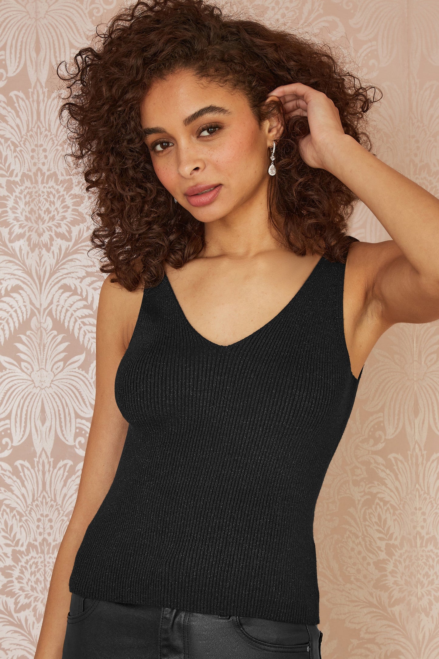 Yumi Black Sheer Roll Neck Jumper With Knitted Vest Top