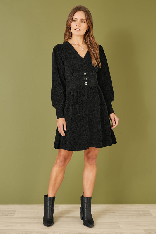 Yumi Black V Neck Empire Line Knitted Skater Dress