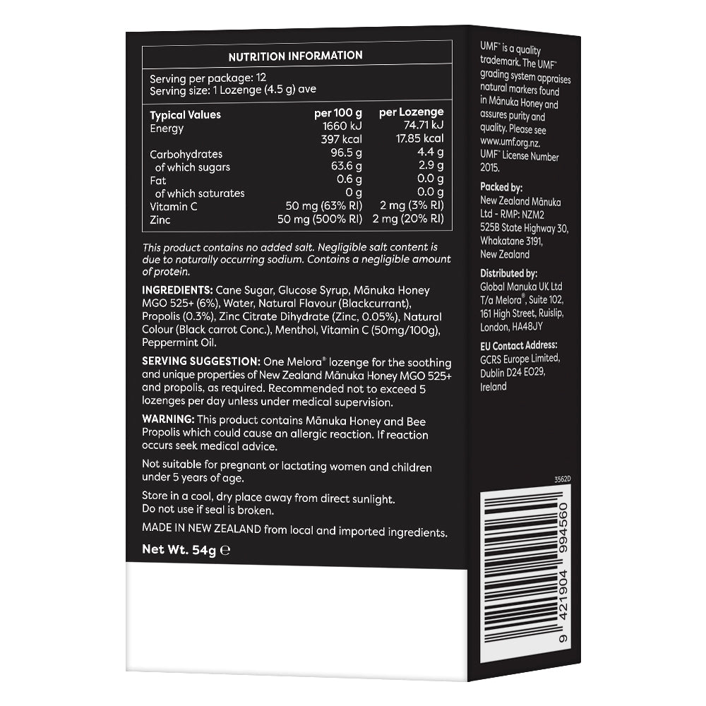 Manuka Honey 525 MGO, Propolis, Blackcurrant and Peppermint Lozenges