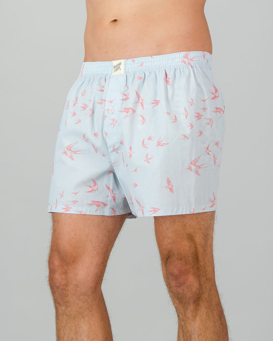 Mens Boxer Shorts - Pink Swallows on Pale Blue