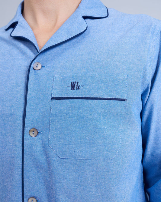 Mens Long Pyjamas - Chambray Blue Sky