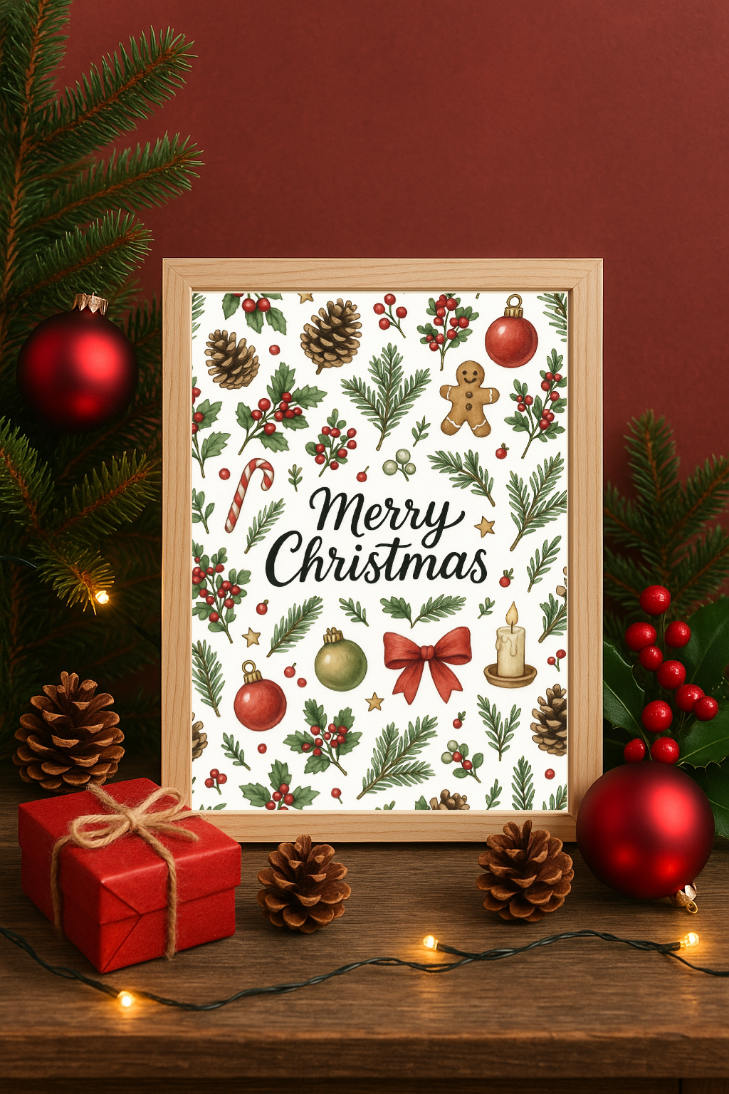 Merry Christmas Wall Art – Festive Ornaments, Pinecones & Holly Holiday Print