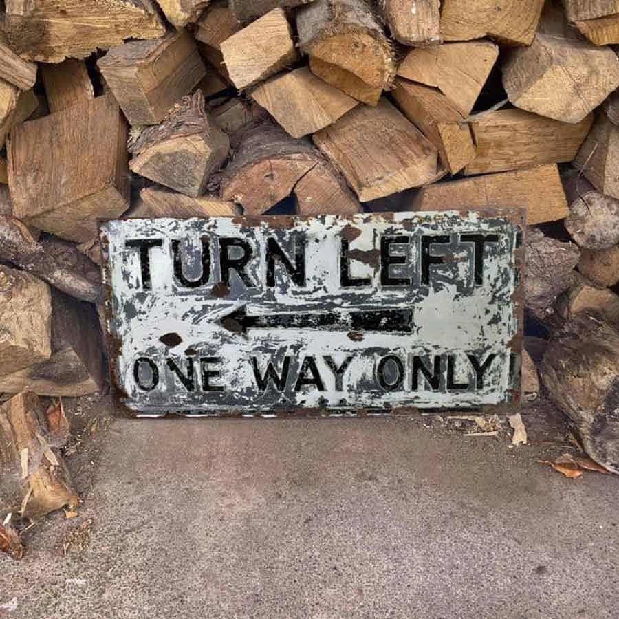 Metal Distressed Look Turn Left Road Sign