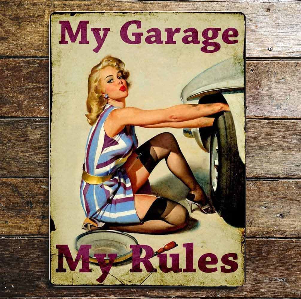 Metal Retro My Garage My Rules Sign - Pin Up Girl