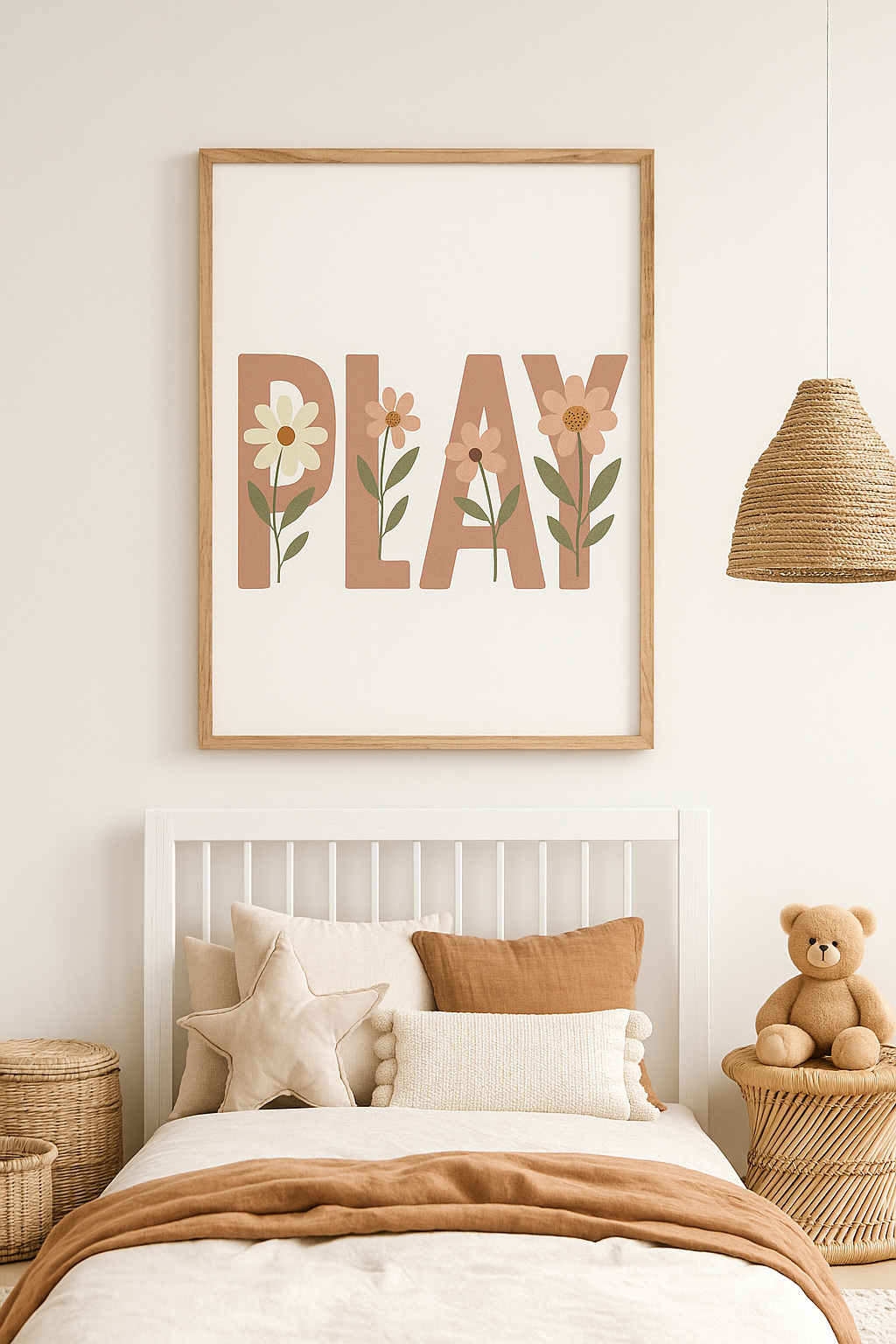 Minimalist Floral PLAY Wall Art – Boho Style Kids Room Print