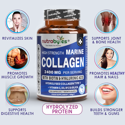 High Strength Marine Collagen Capsules 2400mg | 120 Capsules with Vitamin C, Hyaluronic Acid & Biotin | Made in UK