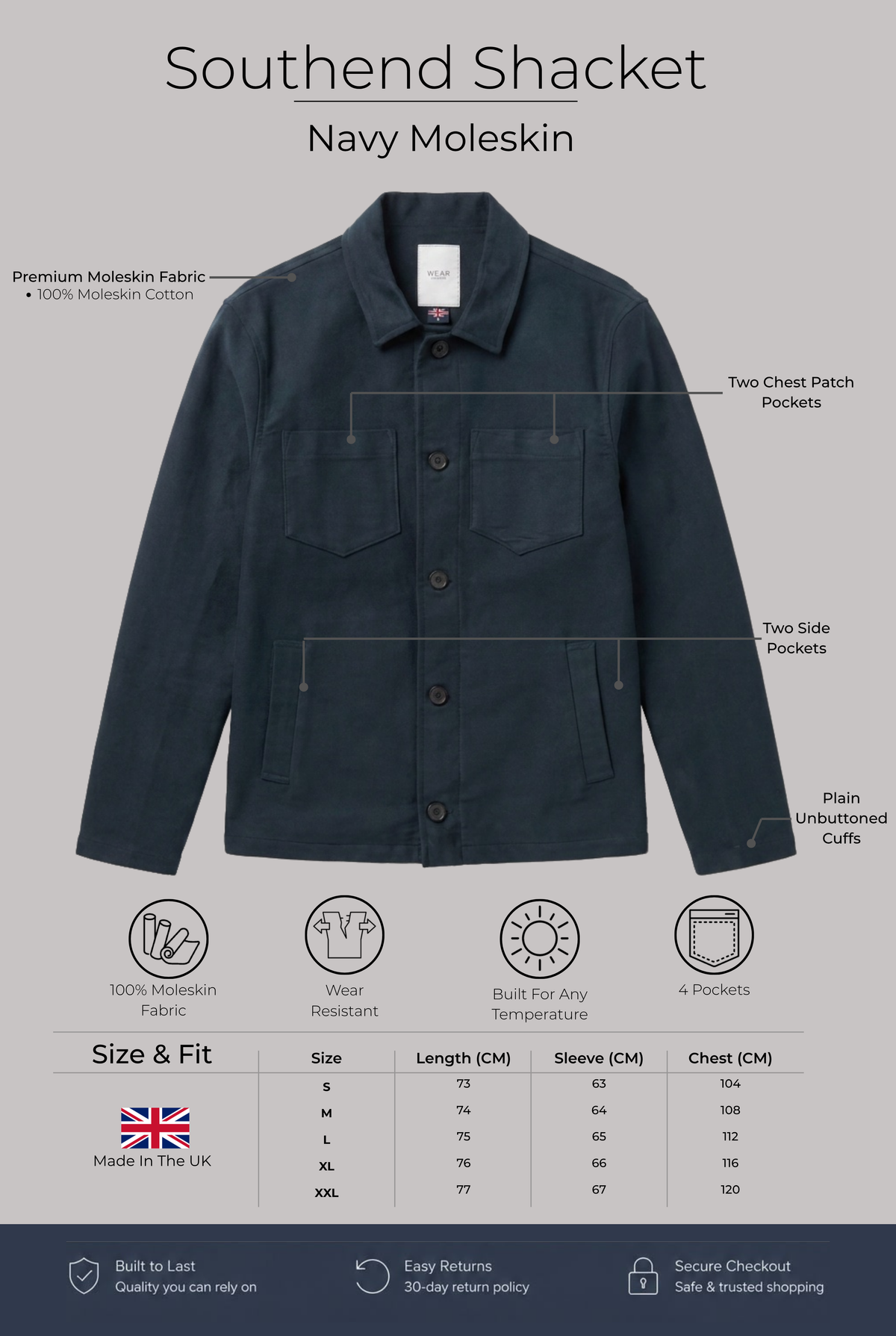 Southend Shacket Unlined - Navy Moleskin