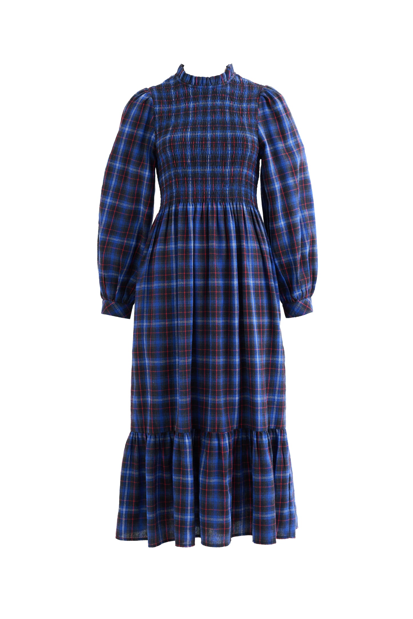 Peppi Winter Check Smocked Bodice Midi Dress - Blue