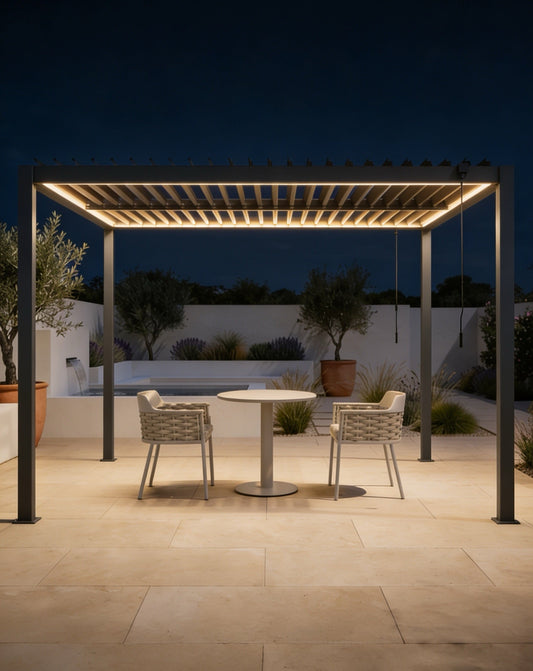 Pure 3x3m Pergola with Manual Louvered Roof and solar powered lighting