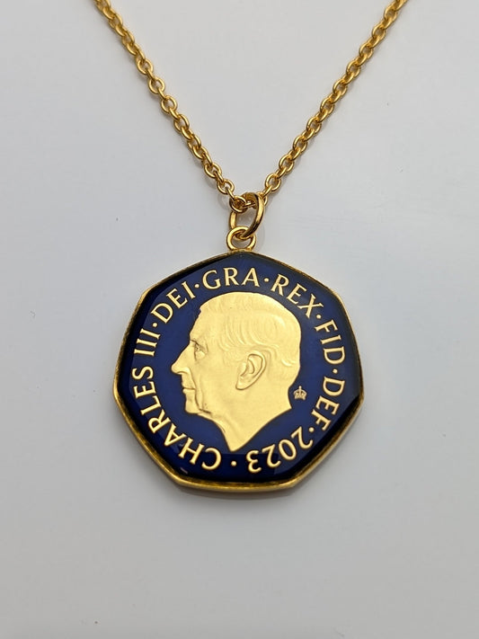 King Charles III Fifty Pence - Enamelled Coin Necklace