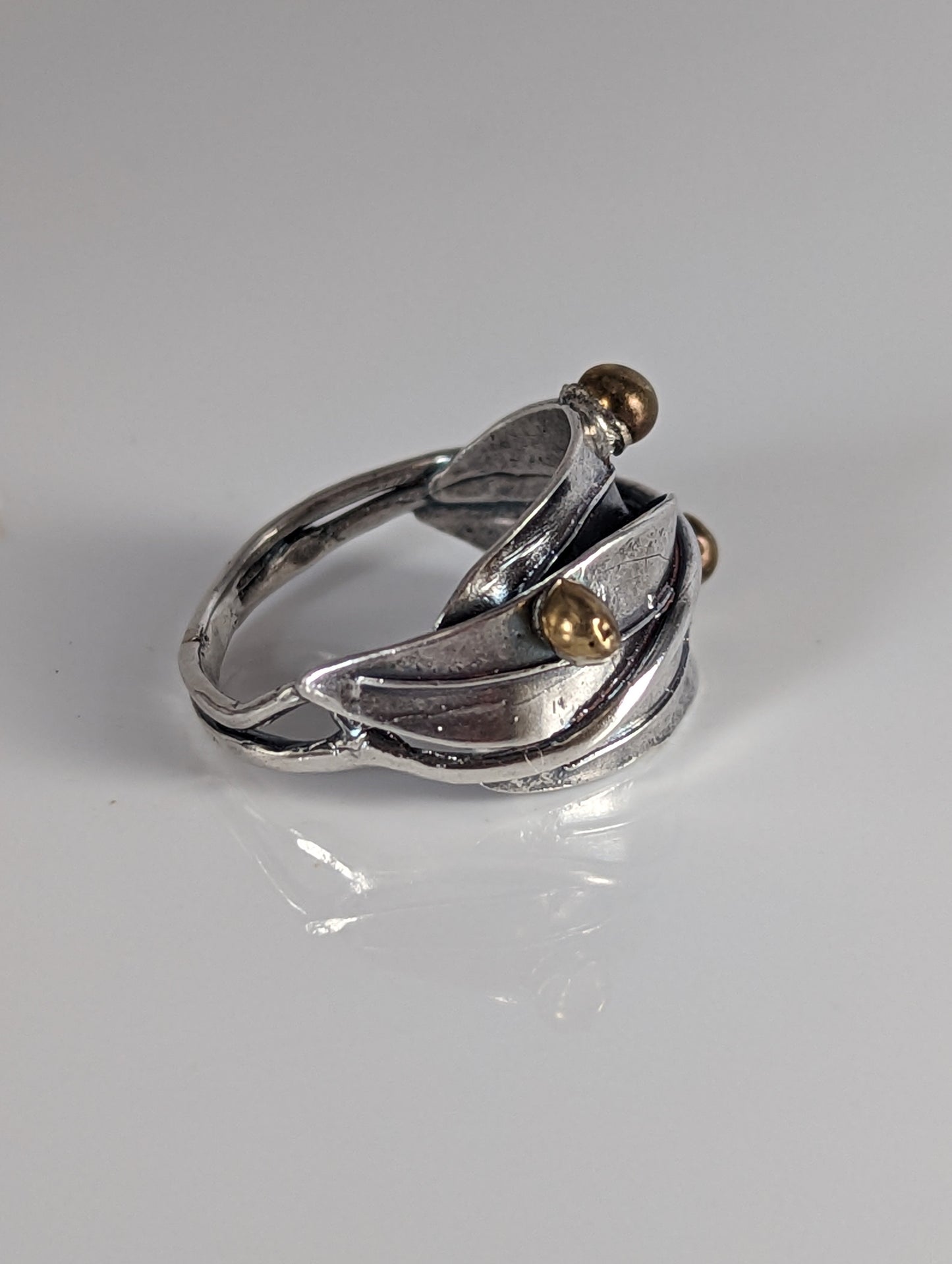 925 Silver Leaves Ring with Brass Buds – Artisan Silver Band Inspired by Nature
