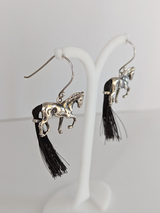 Silver Steed Large Silver Horse Long Earrings with horse hair tail