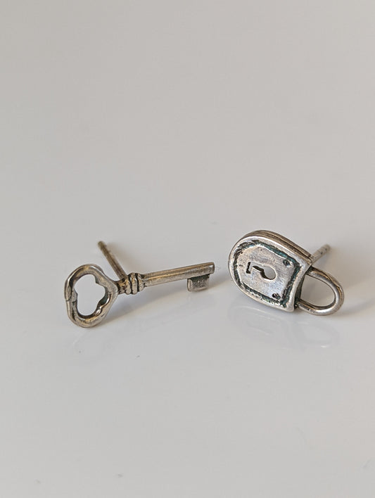 Silver Steed Lock and Key Stud Earrings