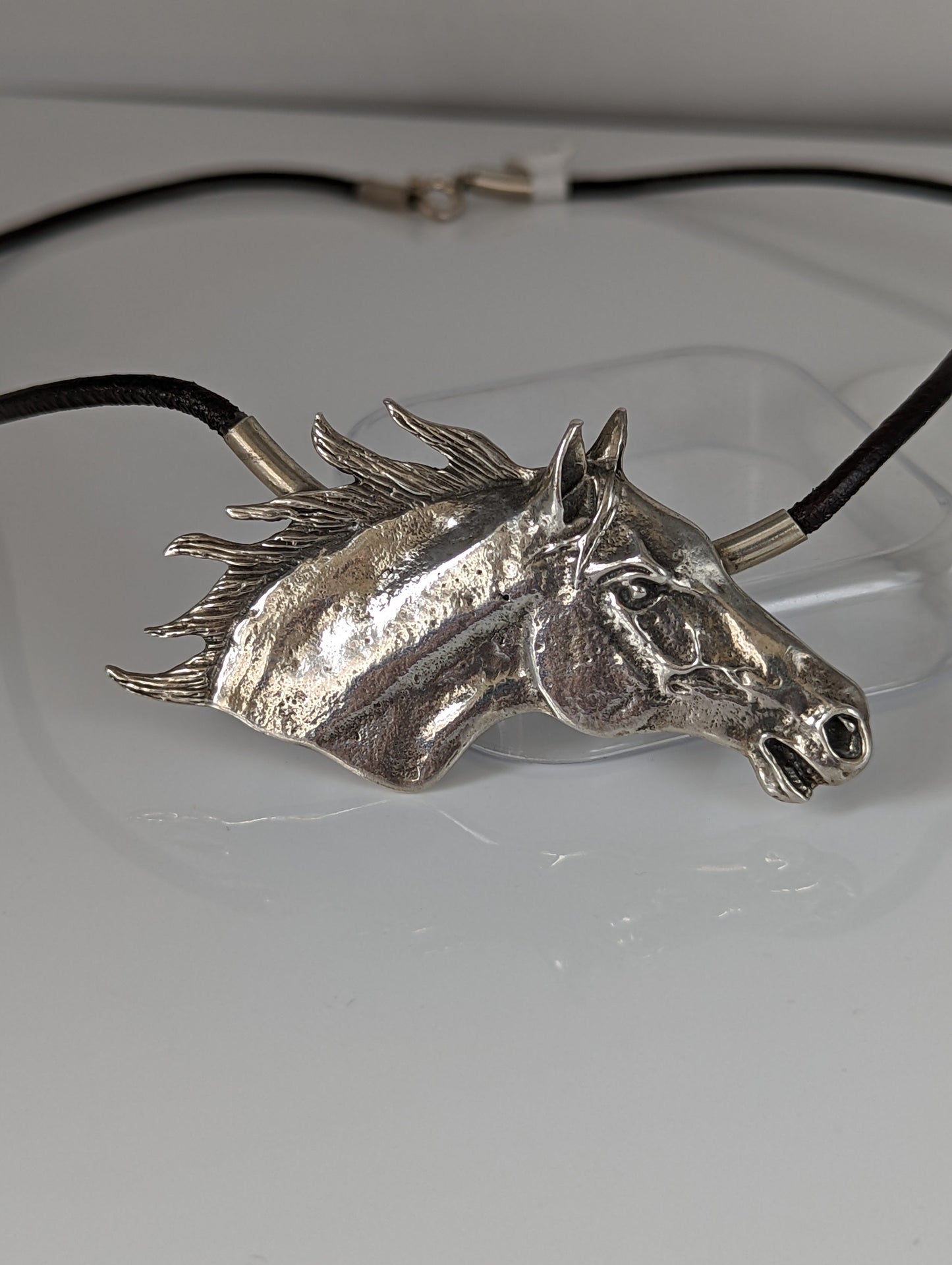 Silver Steed Large Horse Head on Leather Cord Necklace