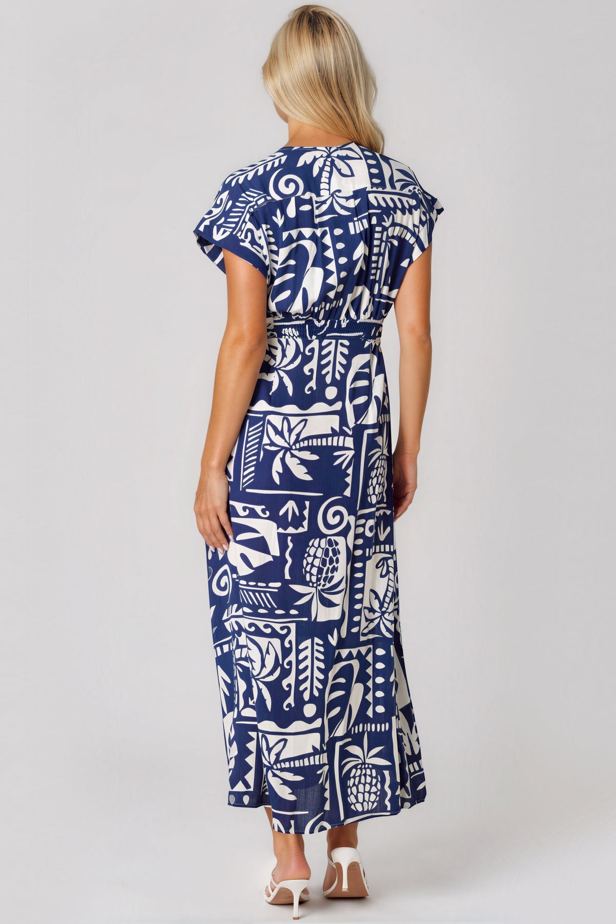 Royal Blue Tropical Print Tie Waist Maxi Dress