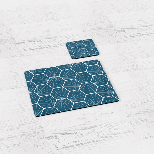 Peacock Blue Geometric Hexagons Placemats, Set of 4 or Set of 6