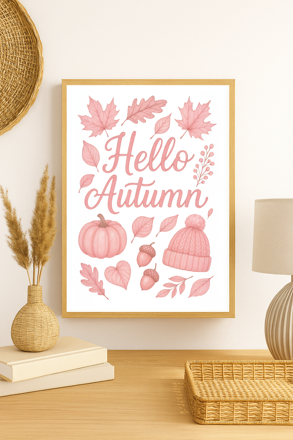 Pink Hello Autumn Wall Art – Cozy Fall Print with Pumpkin, Leaves, Acorns & Knit Hat