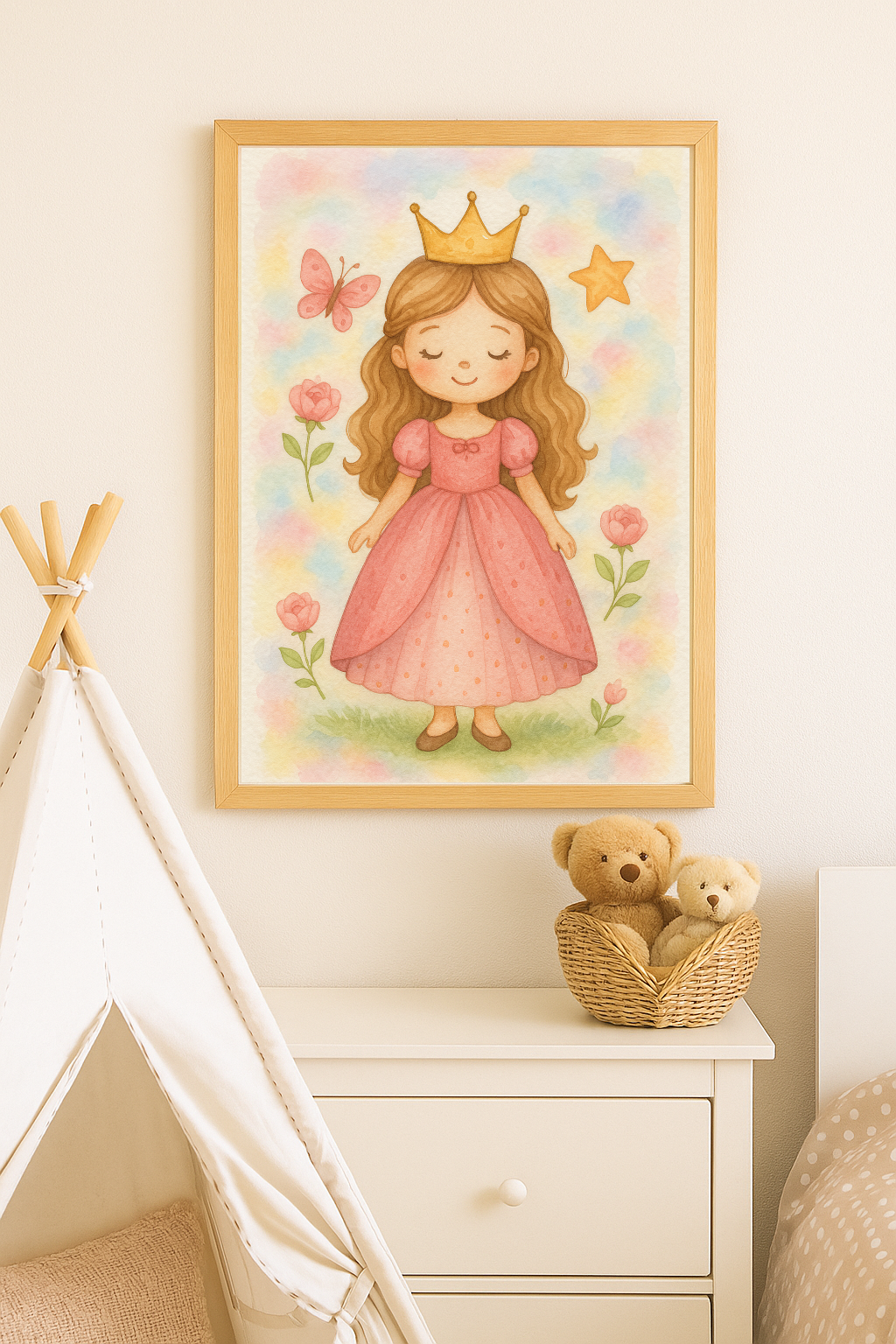 Pink Princess Wall Art – Crowned Girl Illustration for Nursery or Bedroom Decor