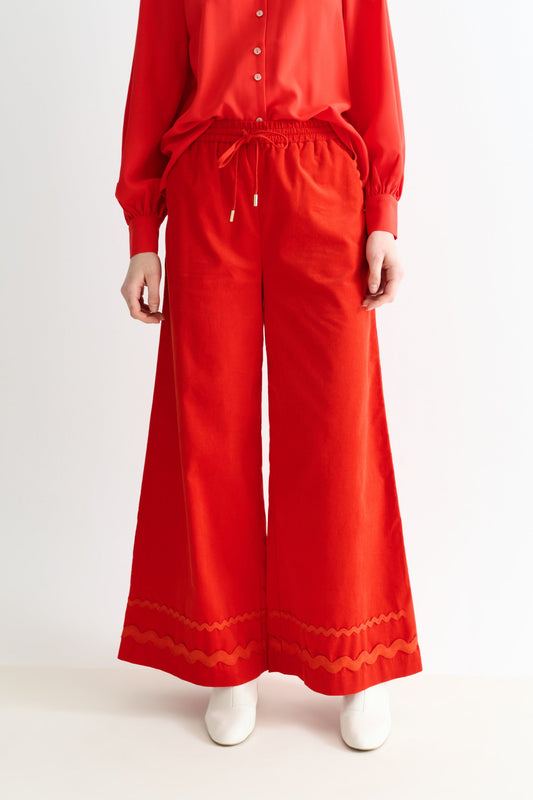 River Babycord Ric Rac Trim Wide Leg Trouser - Red