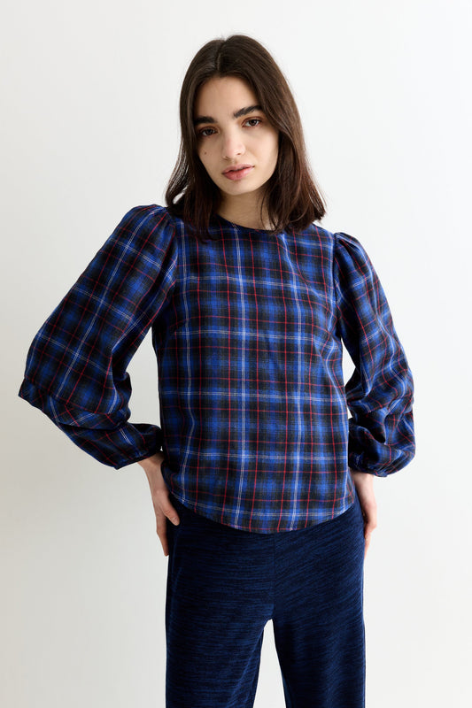 Rivka Winter Check Pleat Long Sleeve Blouse - Blue
