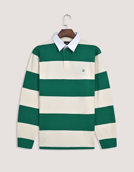 Off White & Green Relaxed Fit Striped Rugby Shirt