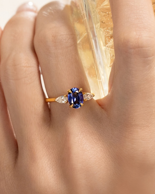 Blue Sapphire Oval Three Stone Engagement Ring in 18k Gold Vermeil