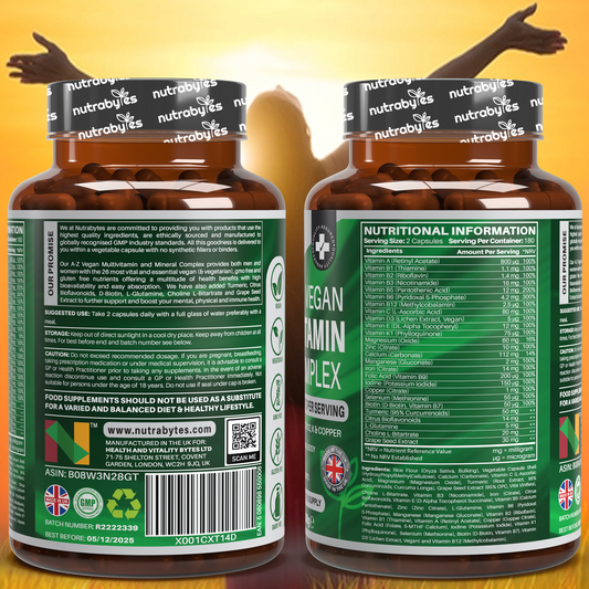Vegan A-Z Multivitamin & Mineral Complex (26 Essential Nutrients), 360 Capsules (6 months) | Healthy Mind, Body and Immune System | Made in the UK