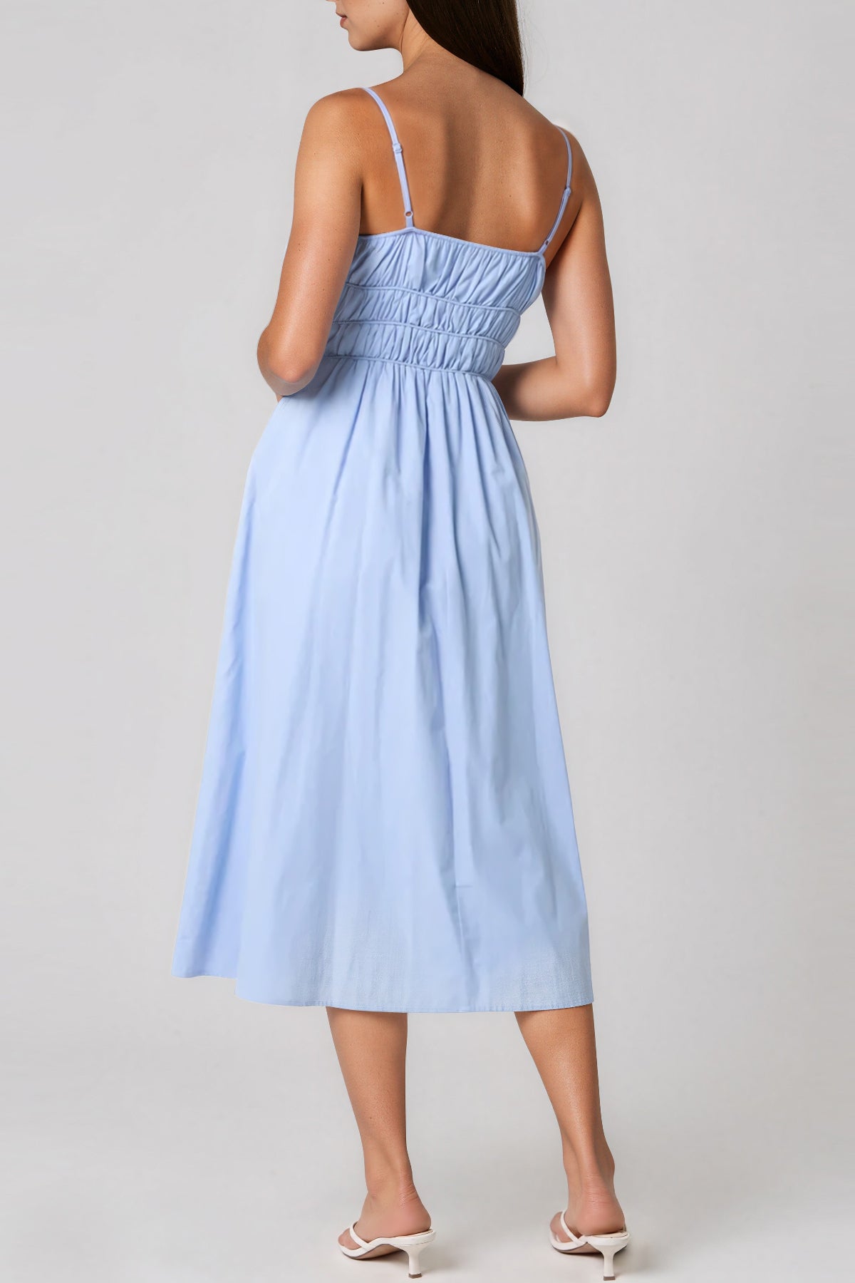 Blue Ruched Strappy Cotton Midi Dress