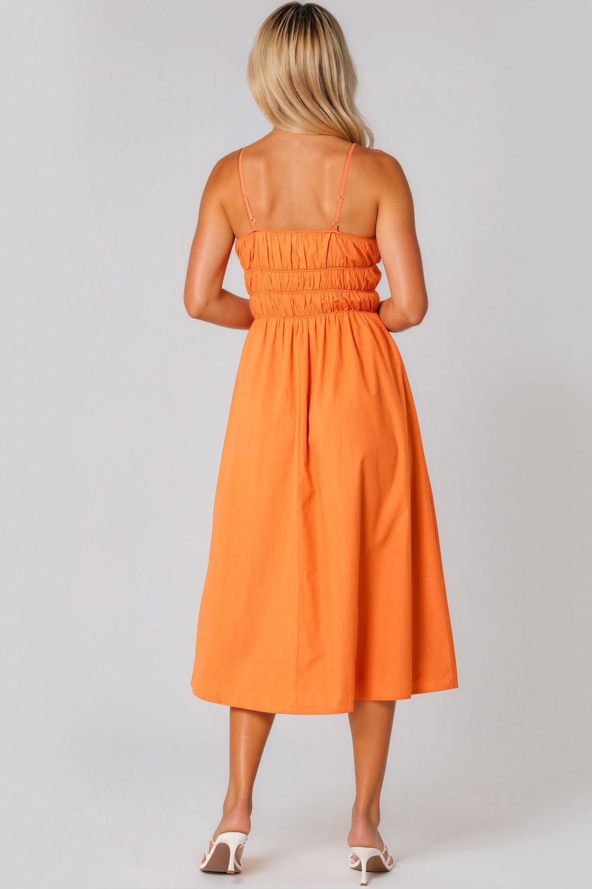 Orange Ruched Strappy Cotton Midi Dress
