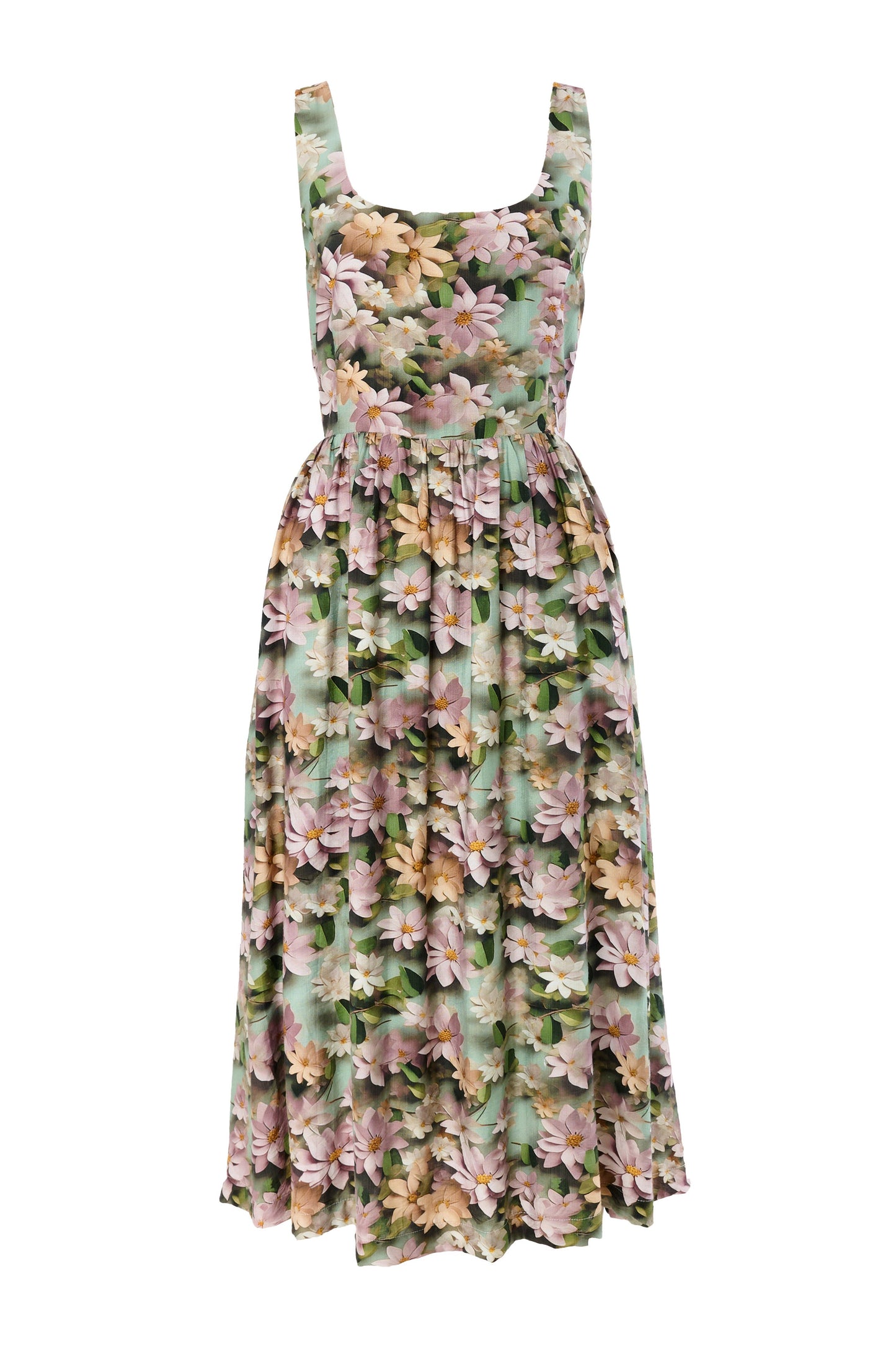 Sherazade 3D Daisy Print Square Neck Midi Dress - Green