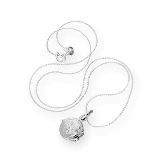 Tiny Sterling Silver Round Engraved Locket on Chain 16 - 22 Inches