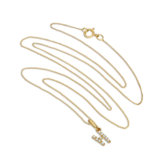 9ct Gold & Clear CZ Crystal Script Alphabet Letter H Necklace 16 - 20 Inches